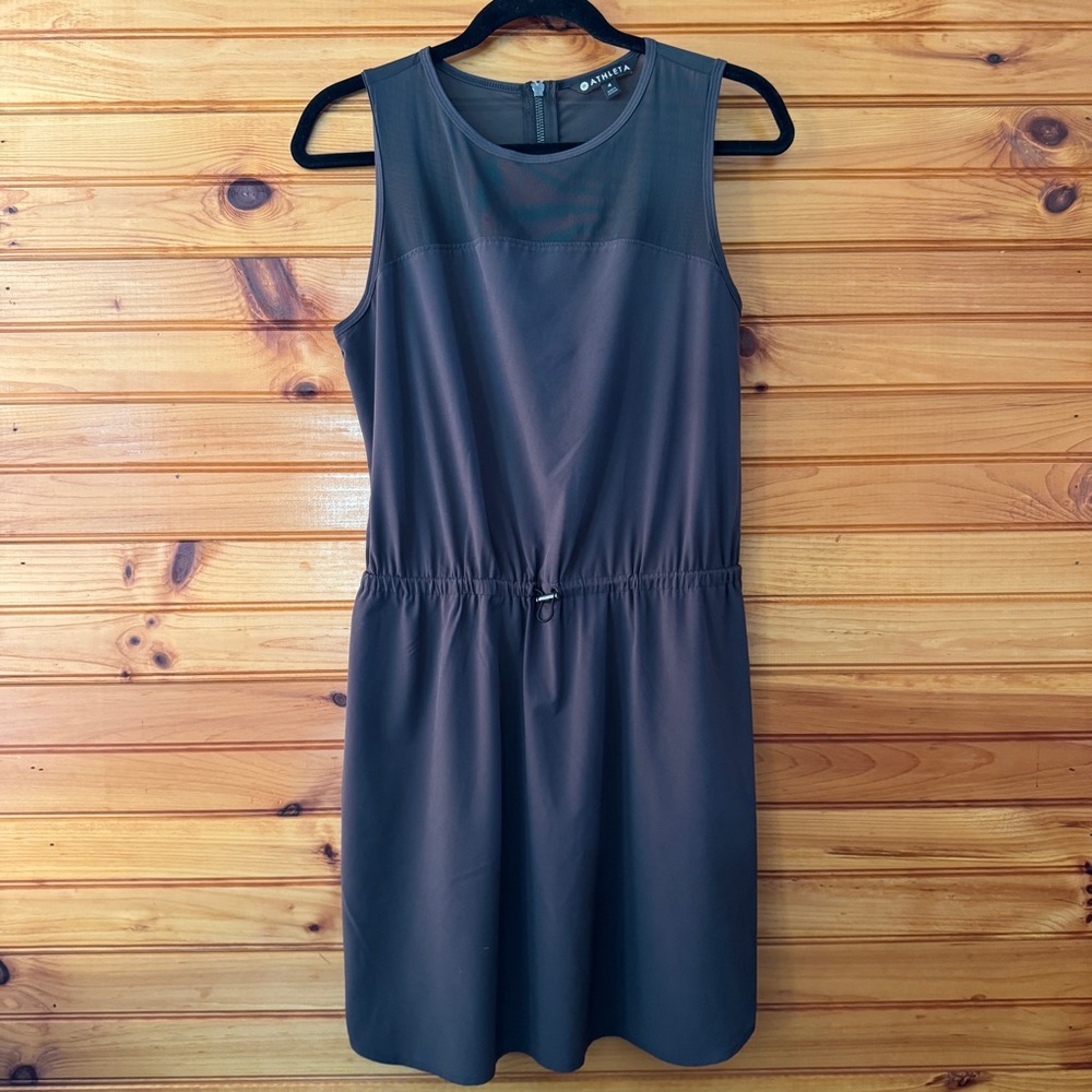 Athleta Sol Featherweight Dress Gray Mesh Quick Dry Cinch Waist Pockets 4